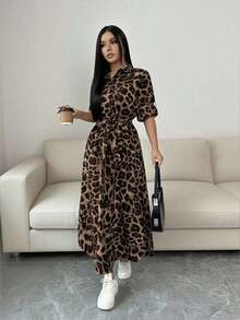 Vestido camisero de mujer con estampado de leopardo y flores, con lazo, abertura, manga larga convertible a manga corta - Caqui - Ver 3
