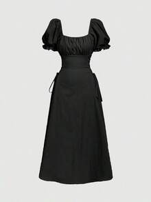Vestido amarillo de longitud media con mangas de pétalos y cintura con lazo - Negro - Ver 3