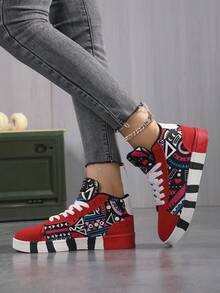 Zapatos de lona de caña alta para mujer, zapatos de estudiante de patinaje con diseño geométrico de graffiti de patrón aleatorio, zapatos casuales versátiles con diseño único, adecuados para primavera y otoño - Rojo - Ver 4