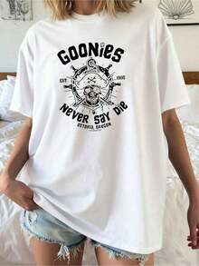 NEW Short Sleeve T-Shirt With Fun And Comfortable Print, Women's T-Shirt With Goonies Never Say Die Cartoon Letter Print, Suitable For Various Occasions, Festival Gifts, Birthday Gifts, Music Festivals, Casual, Versatile And Comfortable, Beach Vacation, Simple And Fashionable, Suitable For Daily Use By Women And Girls - Unisex Cotton Short Sleeve T-Shirt With Round Neck, Urban Vintage Style And Loose Fit. - 白色 - 查看 1