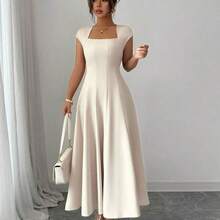 Women's Elegant Solid Color Square Neck Waist Tie Splice Flared A-Line Short Sleeve Midi Dress, Suitable For Commute, Beach, Vacation, Music Festival, Beer Festival In Spring And Summer - verde menta - Ver 2