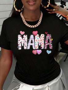 short-sleeve1 pieza Camiseta Mama para Mujer con Bonito Estampado de Corazón, Camiseta Gráfica, Regalo para el Día de la Madre, Top Casual de Moda para Mamá, Blanco, 210g, 100% Algodón, los estampados están completamente impresos. Unisexo. Blusas Para Mujer Casual100% Cotton - Negro - Ver 3
