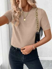 Blusa de punto de manga corta de unicolor y estilo minimalista, para uso diario - Caqui - Ver 7