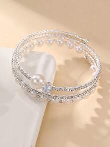 1 pieza Pulsera de perlas plateadas & strass, adecuada para decoración diaria y regalo de fiesta para adolescentes - Plateado - Ver 3