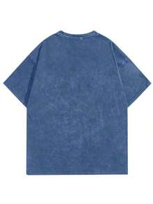 Camiseta de algodón lavado de cuello redondo y manga corta con estampado minimalista para hombres - Burdeos - Ver 2
