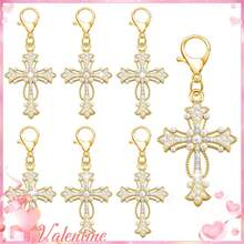 20pcs Gold Pearl Rhinestone Cross Keychain Pendant, Religious Cross Bag Charm Accessory Suitable For Baptism, Communion, Wedding And Other Occasions - Single Pearl Cross - View 1