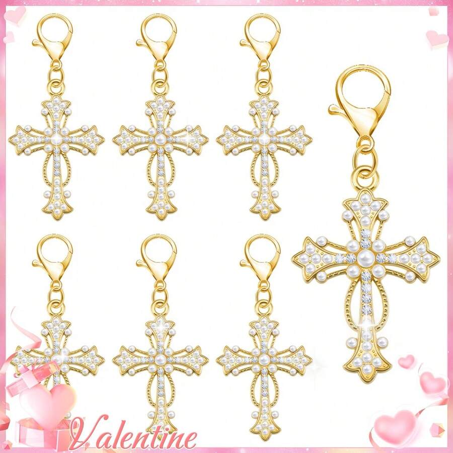 20pcs Gold Pearl Rhinestone Cross Keychain Pendant, Religious Cross Bag Charm Accessory Suitable For Baptism, Communion, Wedding And Other Occasions - Single Pearl Cross - View 1