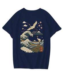 Nueva Camiseta de Verano Simple y a la Moda con Estampado de Ondas y Grúas Japonesas, Cuello Redondo, Manga Corta, Azul Marino, Blusa Versátil y Elegante para Mujer - Azul Marino - Ver 3