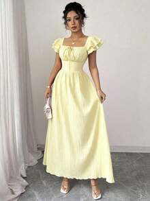 Nuevo vestido elegante para mujer con cuello cuadrado, mangas con volantes en capas, lazo en la parte delantera, diseño de lazada en la espalda, cintura entallada, diseño estilizante y de moda para jóvenes - Amarillo - Ver 3