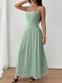 Vestido evasé de unicolor marrón café con cuello cuadrado elegante para mujer, primavera/verano - verde menta - Ver 5