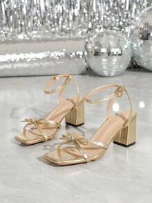 Square Toe Thick High Heel Strap Sandals, Elegant And Suitable For Banquets And Parties, Fashionable And Versatile Women's Sandals - Gold - View 6