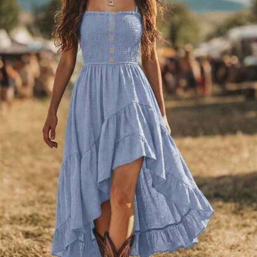 Bohemian Style Casual Vacation Front Short Back Long Cinched Waist Women's Mid-Length Dress - Celeste - Ver 1