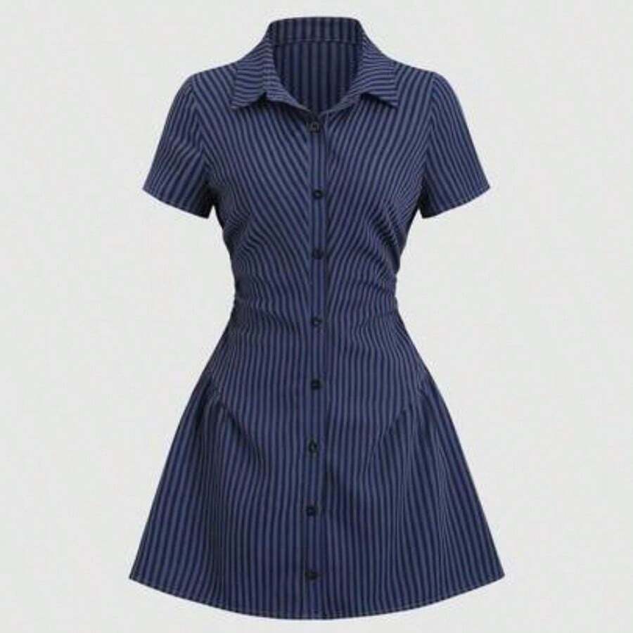 Sweetro Sweet & Fresh Pink Short Sleeve Shirt Dress, Waist Cinched Slimming Stylish Blouse Dress For Summer - Azul Marino - Ver 1