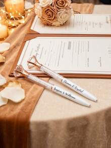 1pc Personalized Rose Gold Diamond Wedding Pen, Custom Text Engraved Crystal Ballpoint Pen For Guest Book,Rose Gold Diamond Top Crystal Pen, Ideal Bridal Shower & Wedding Keepsake Gift - Multicolor - View 3