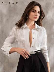 Blusa blanca de manga larga con estilo francés elegante y brillante de Aliao, digna y apropiada, adecuada para mujeres en primavera, festivales, vacaciones, conciertos y otras ocasiones, color negro - Blanco - Ver 5
