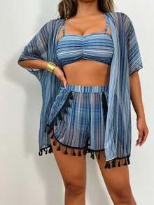 Conjunto de traje de baño de 4 piezas: Top de bikini con busto fruncido con estampado geométrico, Bottom de bikini con estampado geométrico, Cárdigan con flecos multicolor y Shorts con flecos multicolor, Carnaval de verano - Gris - Ver 8