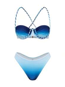 Swim  Conjunto de 3 piezas de traje de baño de mujer para vacaciones de verano, con falda de malla trenzada, estampado degradado y diseño informal - Azul - Ver 5