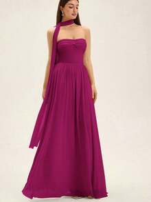 Aveloria Revavyn Vestido con superposición de malla y amarre a la cintura, longitud de maxi - Morado - Ver 4
