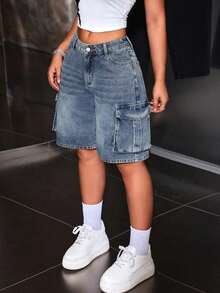 ICON Shorts de mezclilla casuales para mujer con diseño sencillo - Azul 2 - Ver 4