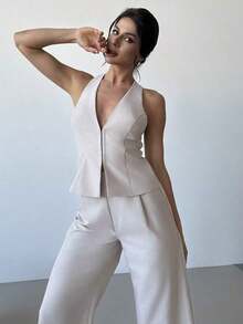 Nuevo conjunto de primavera/verano de estilo elegante, moda casual versátil, vintage de lujo, color lino sólido, chaleco sin mangas con cuello en V y lazo en la espalda, y pantalones anchos de pierna ancha con pliegues de cintura alta, 2 piezas pa - Albaricoque - Ver 2