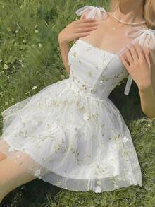 MOD Vestido estilo retro con estampado floral rosa y cinturón con lazo - Blanco - Ver 2