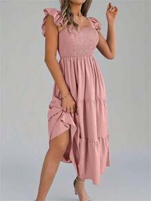Nuevo vestido midi de unicolor con cuello cuadrado, casual, con espalda descubierta, volantes y sin mangas, color caqui, elegante para primavera/verano - Rosa - Ver 4