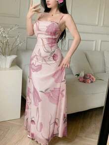 Vestido de verano casual de tirantes con cuello drapeado, cintura fruncida y estampado de malla para mujer - Rosa - Ver 8