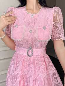 Vestido elegante de encaje de alta calidad con cintura ajustable, bordado, de estilo coreano suave y elegante - Rosa - Ver 7
