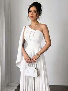 Nuevo vestido plisado sin mangas de color azul claro versátil para mujer, atuendo de vacaciones, vestido de verano - Blanco - Ver 6