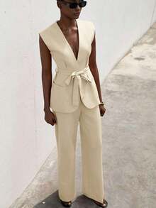 Conjunto de chaleco sin mangas de unicolor y pantalones para mujer, de moda para el verano - Albaricoque - Ver 3