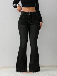 Tall Jeans casuales de mujer, jeans ajustados elásticos acampanados - Negro - Ver 3