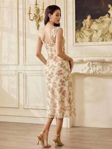 Vestido ajustado con estampado floral vintage, tirantes ajustables, cintura entallada, longitud hasta la rodilla, fondo color albaricoque con flores rosas - Rosa - Ver 2
