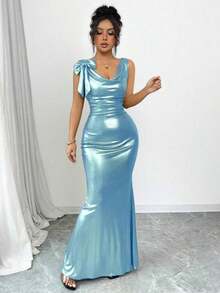 Vestido largo con espalda descubierta y decoración de lazo en color liso para mujer - Azul - View 6