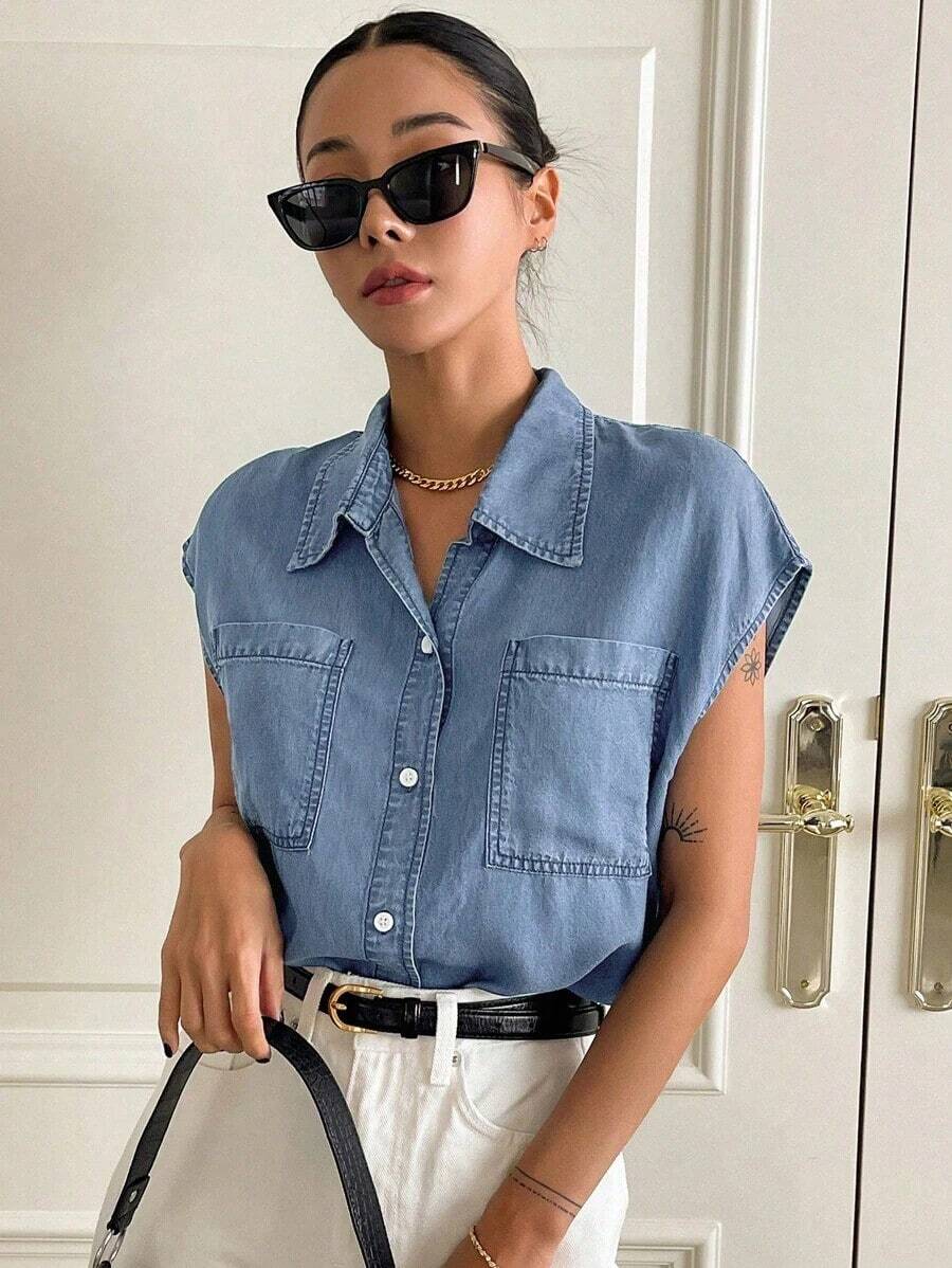 Camisa Denim De Manga Murciélago Con Bolsillo Doble Y Botones - Lavado ligero - Ver 1
