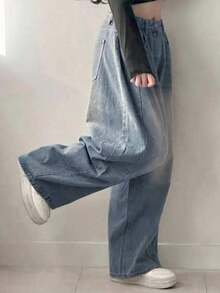 Jeans casuales de bolsillo de ajuste holgado de unicolor para mujer - Azul lavado medio 2 - Ver 3