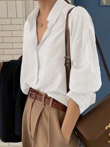 Camisa con botones y hombros caídos, blusas de manga larga, ropa de otoño - Blanco - Ver 6