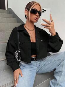 Chaqueta corta de pana con detalle de solapa en el hombro para otoño/invierno - Negro - Ver 7