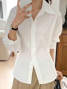 Camisa ajustada con cuello a rayas para mujer, de estilo casual de negocios, color azul, manga larga para primavera/verano/otoño - Blanco - Ver 6