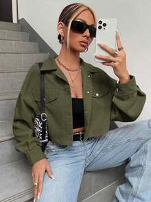 Chaqueta corta de pana con detalle de solapa en el hombro para otoño/invierno - Verde militar - Ver 7