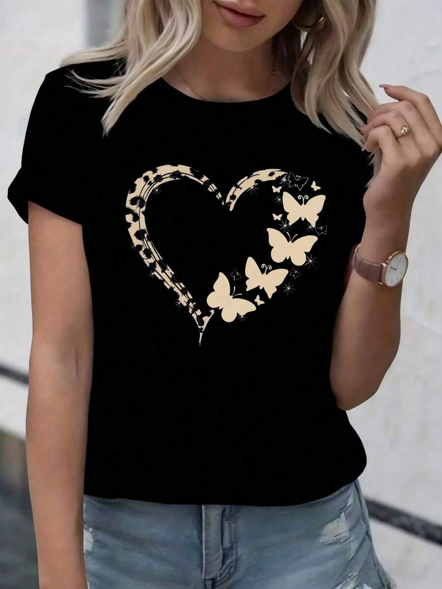 Camiseta para Mujer con Estampado de Corazón y Mariposas | Estilo Casual Cute - Negro - Ver 1