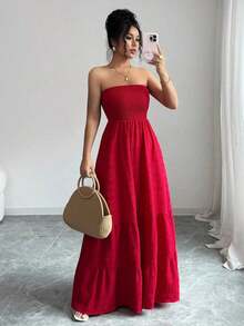 Vestido de verano casual sin tirantes para mujer - Rojo - Ver 4