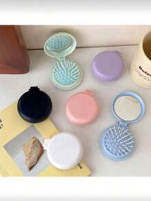 Foldable Travel Makeup Mirror Brush, With Detachable Mirror, Boar Bristle Massage Brush - Portable Design, Suitable For Women And Girls, Soft Tones (Mint Green, Pink, Light Purple Blue, Light Blue), Fashion Accessory, Structure, Hairstyling, Hairstyling Tools, Salon Beauty Travel Essentials, Hair Accessories, Summer, Vacation - Folding Air Cushion Comb Mirror - View 5