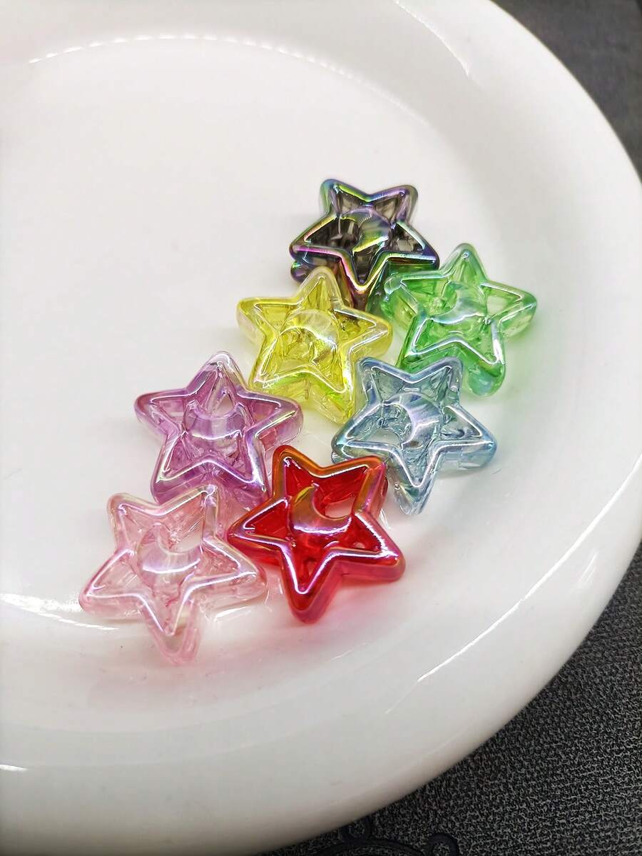 10pcs Random Color UV Coated Translucent Large Hole Moon & Star Beads, DIY Jewelry Making, Keychain Pendant Accessories - Multicolor - View 1
