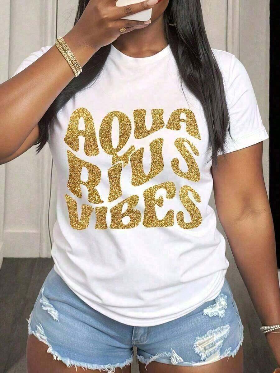 1 Piece Graphic T-Shirt With Aquarius Zodiac Sign, Woman With Camouflage Hat And Gold Hoop Earrings, For Astrology Lovers And Sign Enthusiasts, Casual Summer Style, Style Statement Piece, 180g 100% Cotton. - 白色 1 - 查看 1