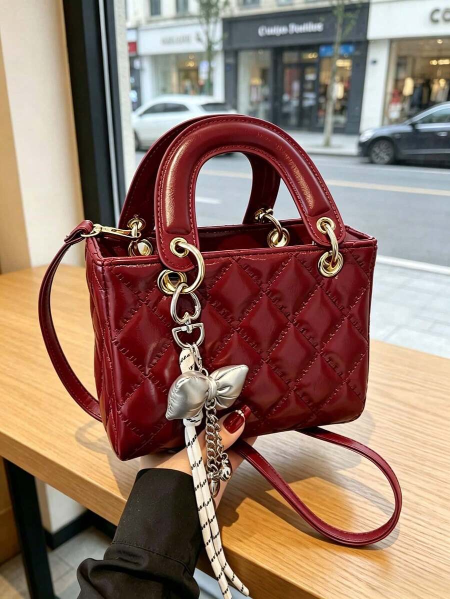 時尚新款女款手提包，純色極簡 PU 方形包，優雅時髦氛圍，適合約會、購物，百搭，附吊飾，情人節理想禮物