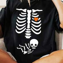 Camiseta de Mujer Manga Corta Cuello Redondo - Estampado de Corazón Esqueleto, Tejido Suave y Cómodo, Ajuste Holgado, Look Casual y Divertido, Perfecta para Disfraces de Halloween, Primavera y Verano, Talla Grande - Negro - Ver 2