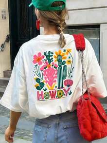 Camiseta de manga corta con cuello redondo, corte holgado, estampado sencillo con eslogan, para mujer, ideal para el verano, vacaciones y uso diario.Camiseta de Mujer.Blanco - Blanco - Ver 3