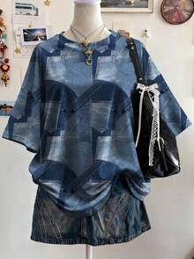 Women's Loose-Fitting, Round-Neck, Dropped-Shoulder, Mid-Length T-Shirt With Textured Digital Print Pattern, A Gift For Friends - Gray - View 5
