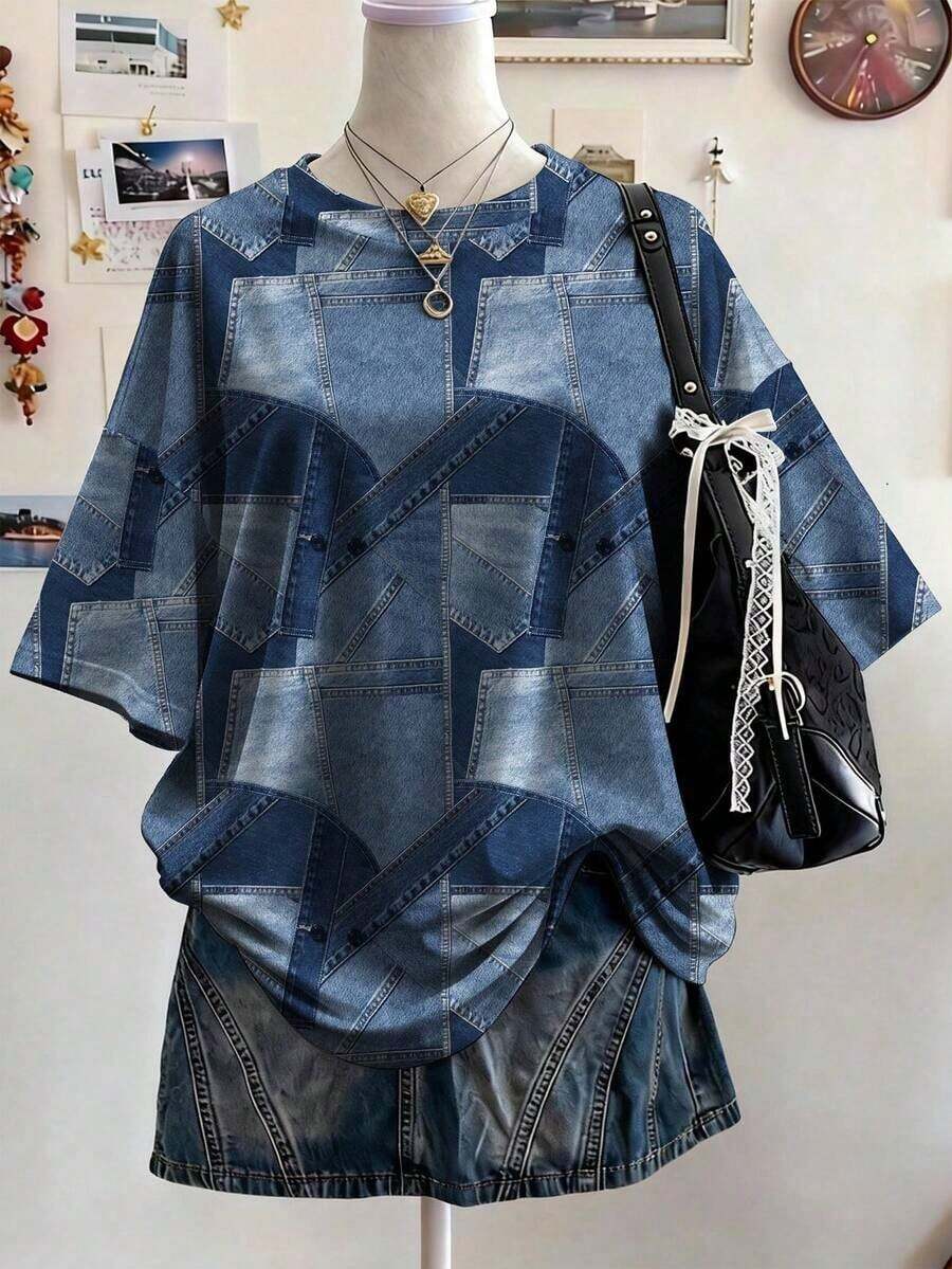 Women's Loose-Fitting, Round-Neck, Dropped-Shoulder, Mid-Length T-Shirt With Textured Digital Print Pattern, A Gift For Friends - Multicolor 5 - View 1