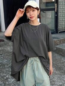 Camiseta minimalista de mujer con bloqueo de color y botones en la espalda, para uso casual diario, ropa de otoño - Gris Oscuro - Ver 4